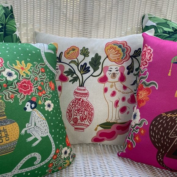 Pink Green Monkey / Blue Ginger Jars Pillow Cover w Insert 17.7” Grandmillennial - Picture 14 of 16